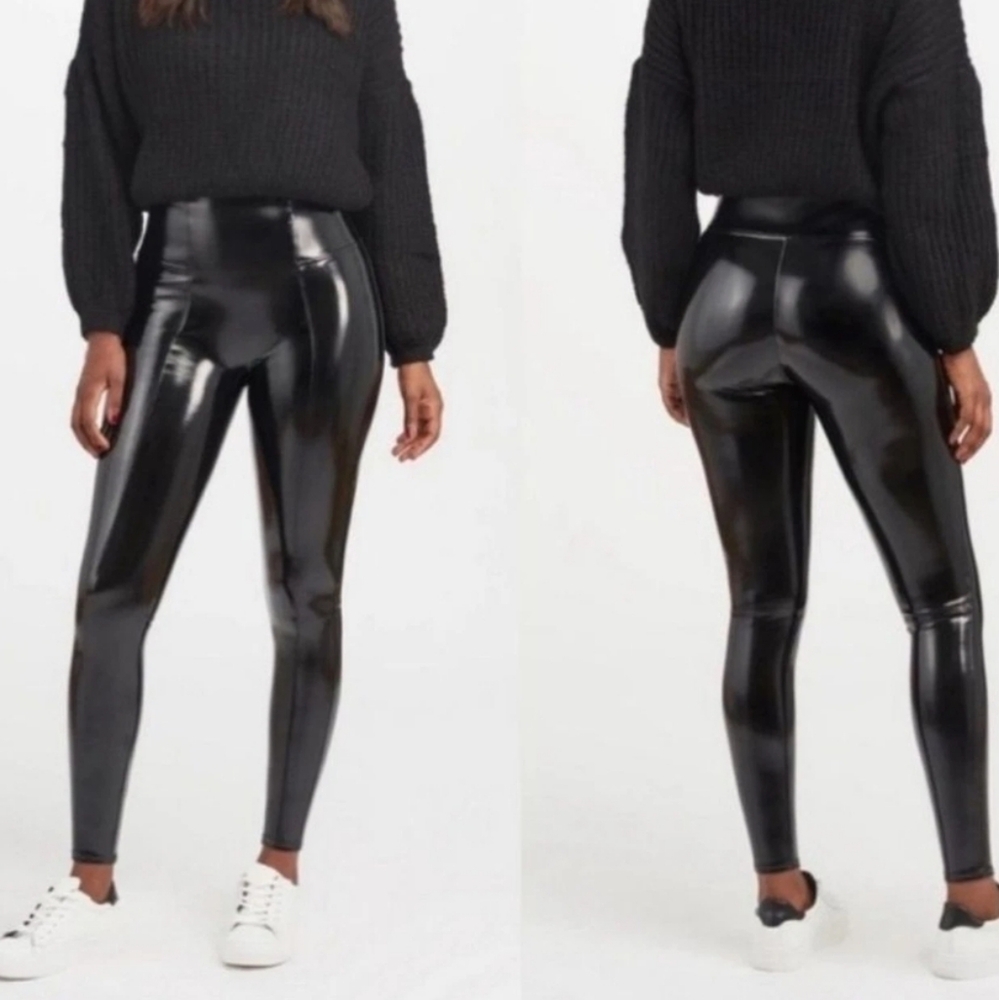 SPANX Faux Patent Leather Black Glossy Leggings Size XL